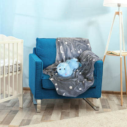 Gray and blue glow-in-the-dark blanket and pillow set from Plum Aion, featuring soft fabrics and luminous accents.