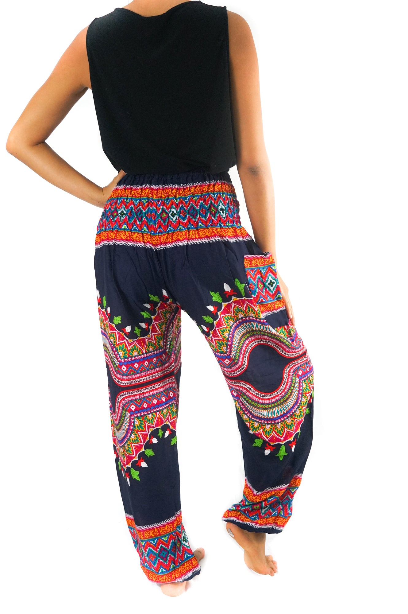 Tan Smokey tribal harem pants with boho style, featuring loose fit and ethnic patterns, ideal for a relaxed, hippie look.
