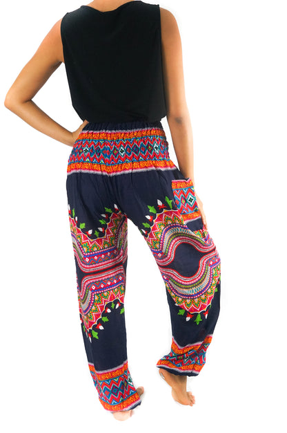 Tan Smokey tribal harem pants with boho style, featuring loose fit and ethnic patterns, ideal for a relaxed, hippie look.