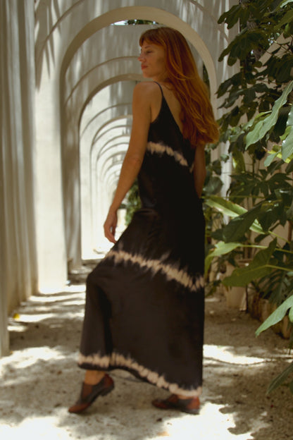 Violet Apollo Andromeda Silk Dress in black shibori pattern, women&