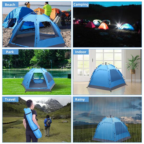 Teal Simba automatic family tent, waterproof pop-up design set up outdoors for camping and hiking activities.