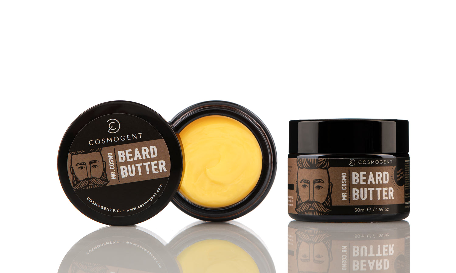 Taupe Perses Mr. Cosmo Beard Butter 50ml in a sleek jar, showing smooth, nourishing beard care product with clear branding.