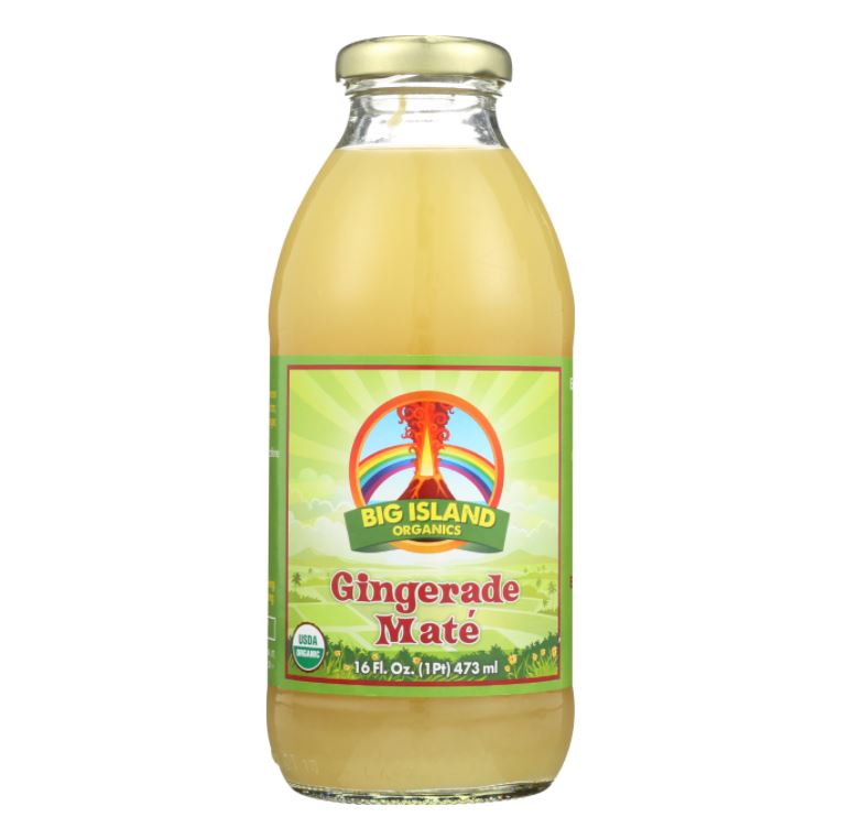 Gingerade Maté beverage in 16oz can, Plum Maple brand, showing the colorful label and fresh ginger root illustration.