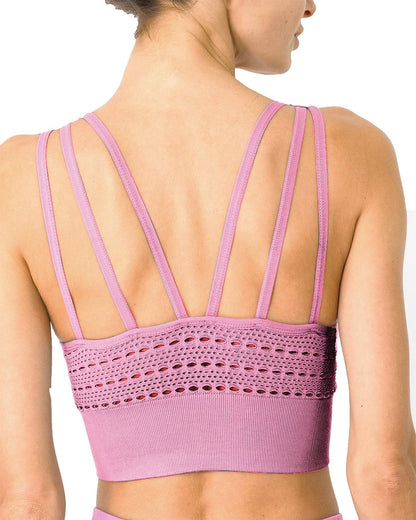 Pink Lazurite mesh seamless activewear bra with cutouts, featuring a lightweight, breathable design and supportive fit.