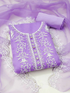 Women’s purple embroidered unstitched suit set by Sangria Windroot, showing intricate embroidery on fabric with matching dupatta