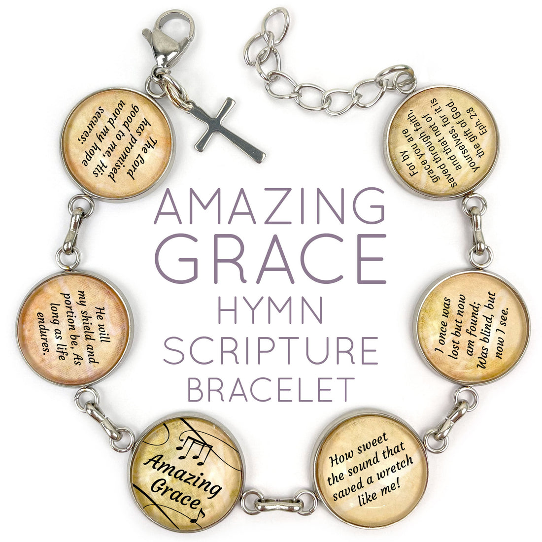 Stainless steel Amazing Grace hymn and scripture glass charm bracelet by Orchid Briseis, featuring religious-themed charms and elegant design.