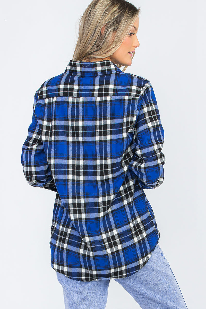 Lime Milo oversized boyfriend plaid checkered flannel top, casual long-sleeve blouse with a relaxed fit and button front.