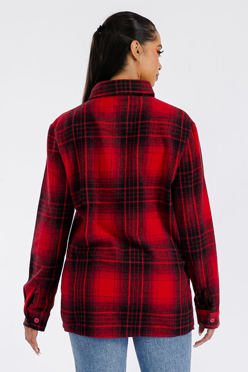 Lime Milo Boyfriend Oversized Soft Flannel Shacket in blue and gray plaid, casual jacket with button closure and chest pockets.