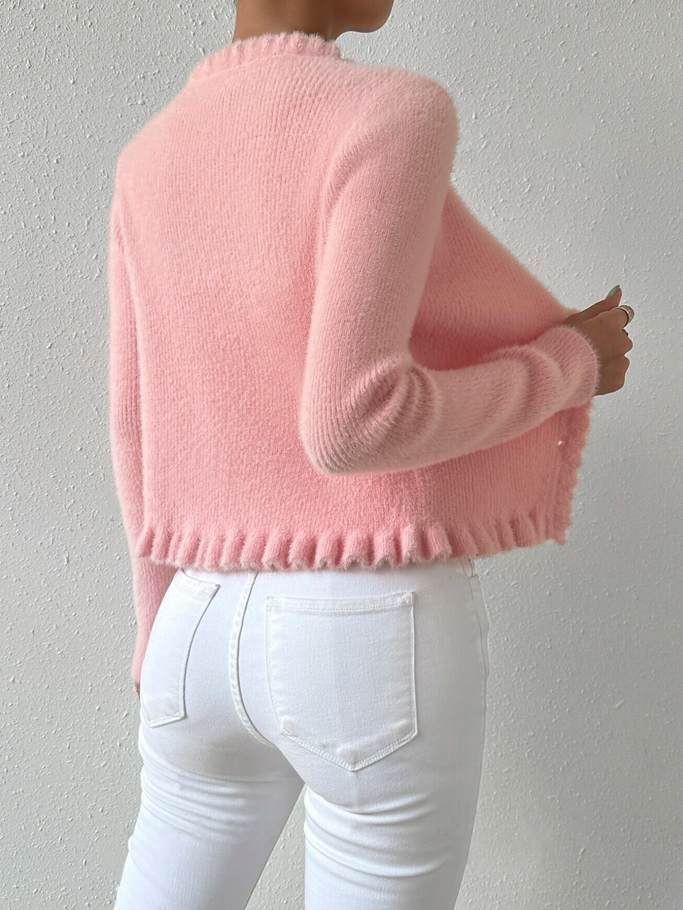 Carmine Juneberry Pearl Embrace Cardigan from Haute Edition 25, featuring a soft knit sweater with pearl details and a relaxed fit.