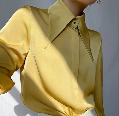 Elegant mauve satin blouse with turn-down collar, vintage-inspired design, perfect for autumn, by Mauve Ananke.