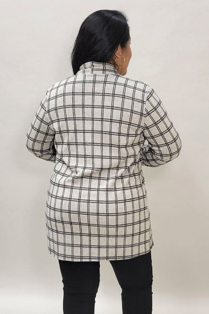 Burgundy Daisy plaid cardigan with long sleeves and front pockets, perfect for casual jackets and coats style.