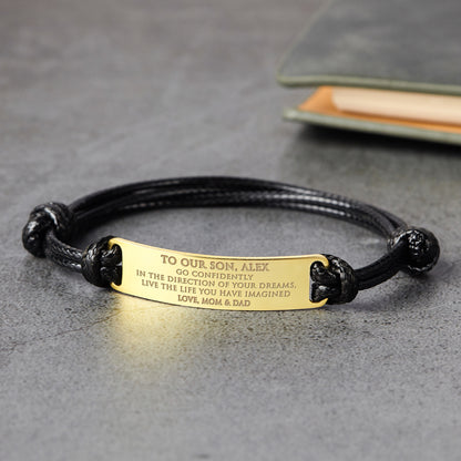 Green Millie personalized bracelet for son, featuring engraved message, perfect graduation gift from mom, stylish and meaningful jewelry.