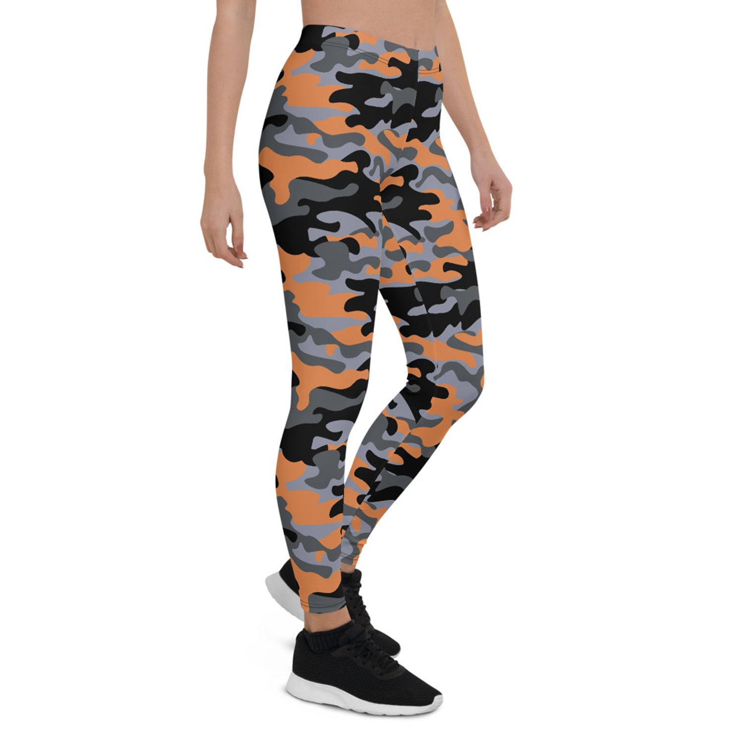 Orange and gray camo leggings for women by Maroon Sooty, featuring a vibrant activewear design with a snug fit.