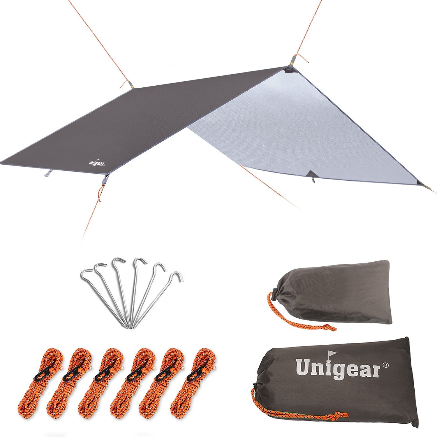 Indigo Eurybia rainproof camping tarp shelter set up outdoors, showcasing durable weather-resistant outdoor gear for camping.