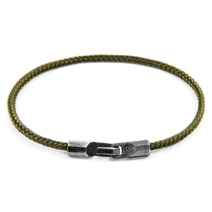 Khaki green Talbot silver and rope bracelet by Magenta Sooty, featuring a woven design with silver accents and rope detailing.