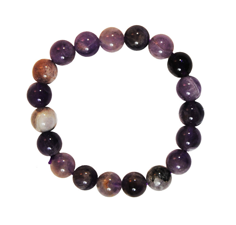 Crimson Chaos amethyst bracelet featuring polished purple amethyst beads strung on a stretch cord, close-up of the jewelry.