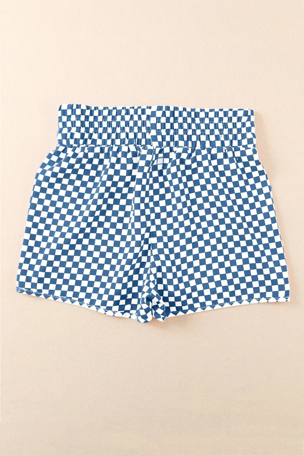 Byzantium Bay leopard and checker high waist athletic shorts, black and beige print, stretchy fabric, designed for active wear.