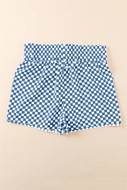 Byzantium Bay leopard and checker high waist athletic shorts, black and beige print, stretchy fabric, designed for active wear.
