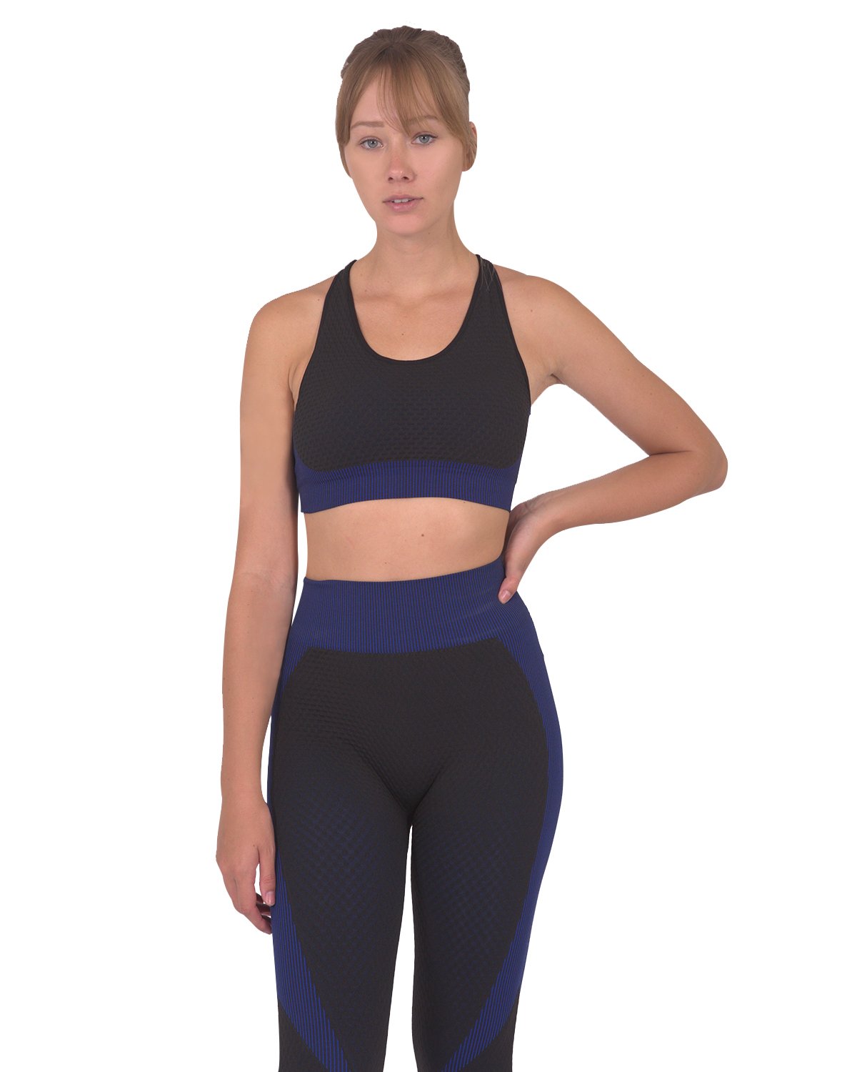 Black and navy Trois seamless sports bra by Lazurite, showing the smooth, supportive design with adjustable straps and breathable fabric.