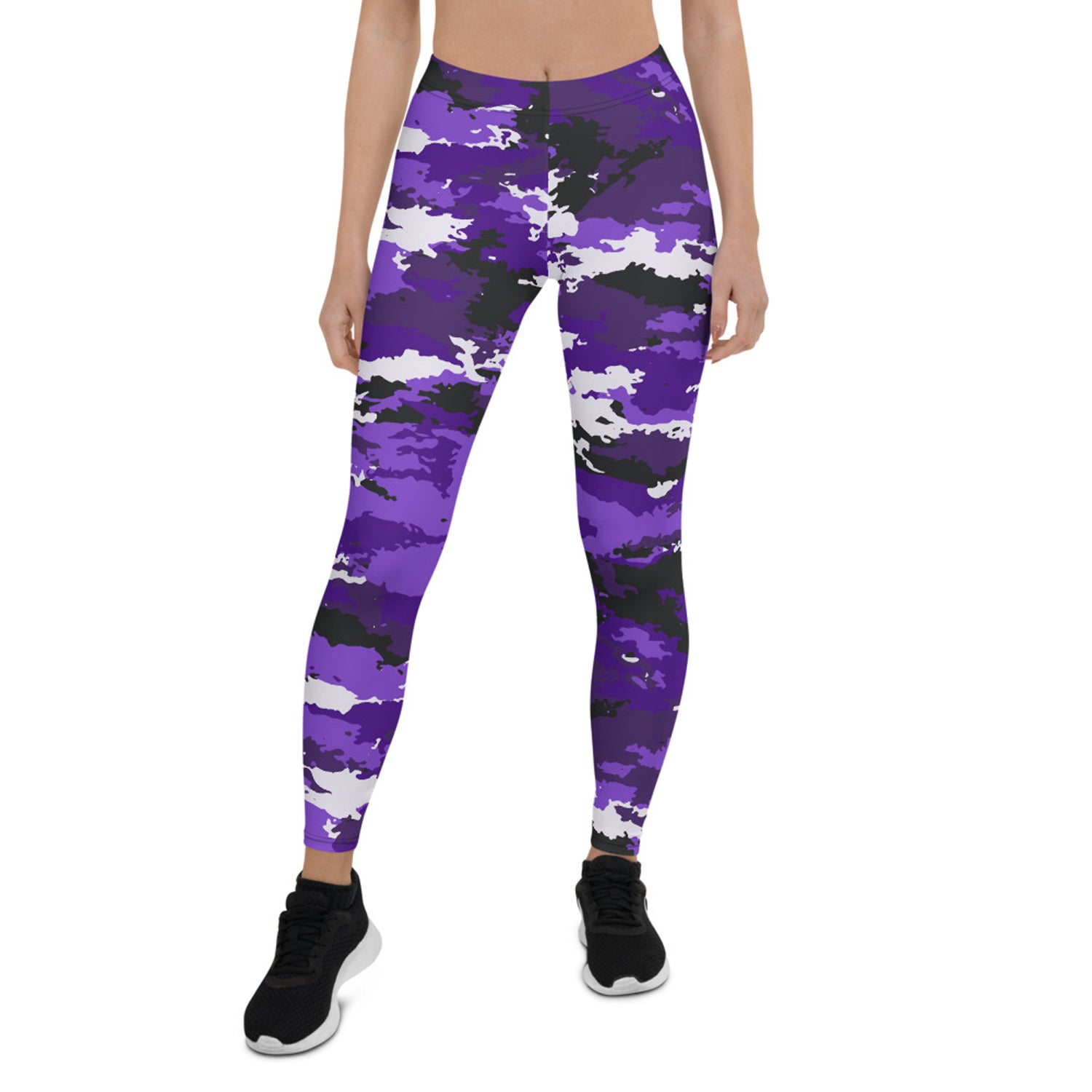 Purple camo Maroon Sooty activewear leggings for women, featuring a fitted stretch design with a high waist and bold camo pattern.
