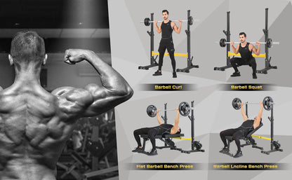 Teal Simba squat rack stand with barbell and dumbbell racks, suitable for home gym weightlifting and strength training.