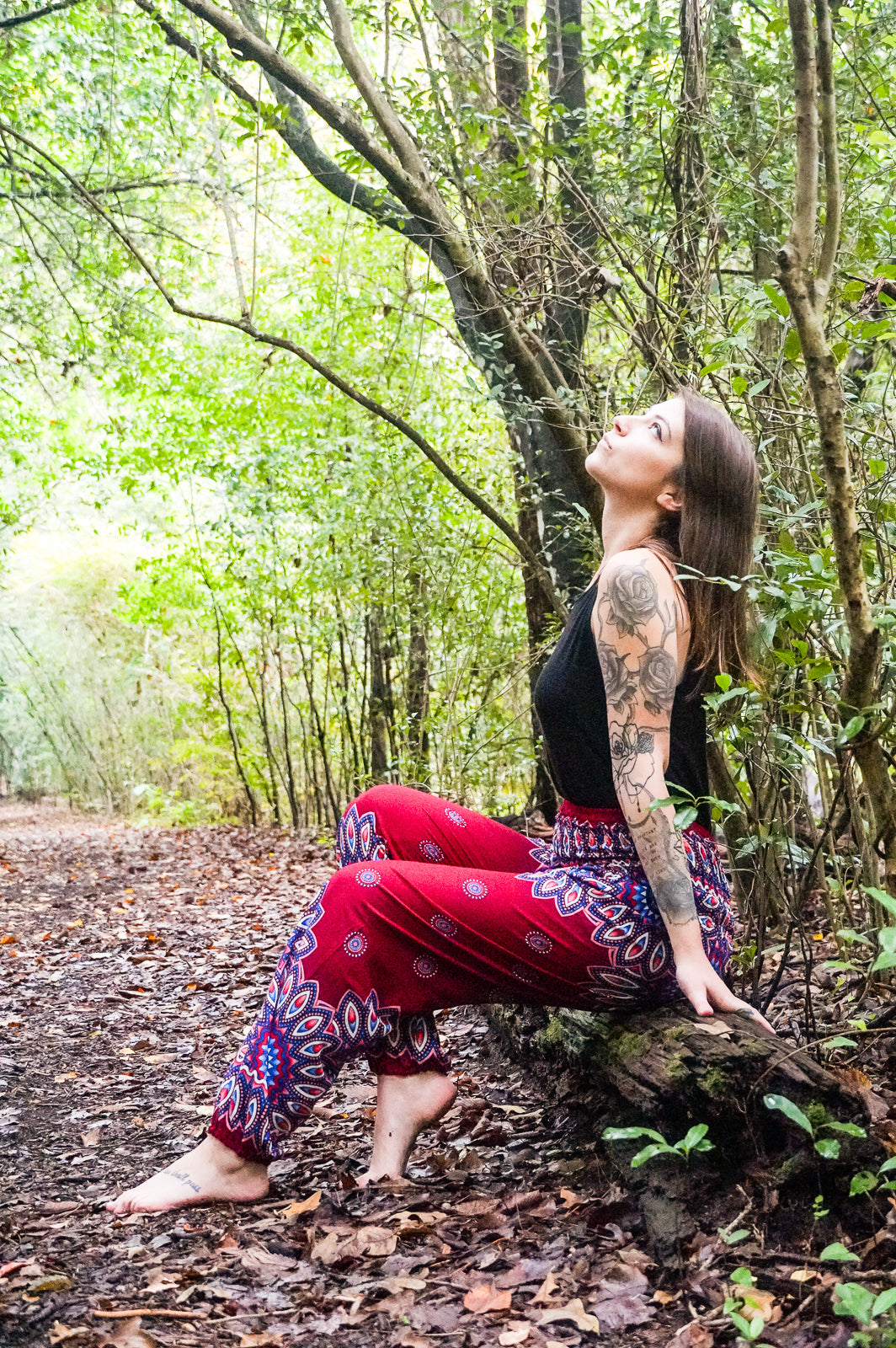 Burgundy floral mandala boho pants for women by Tan Smokey, featuring a relaxed fit and bohemian style for yoga and casual wear.