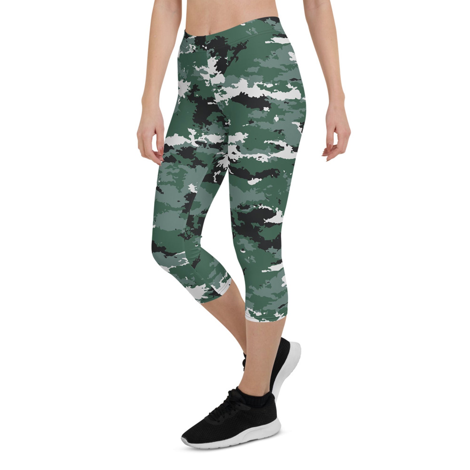 Maroon Sooty Earth Green Camo Capri Leggings for Women, activewear with a camouflage pattern and comfortable fit.