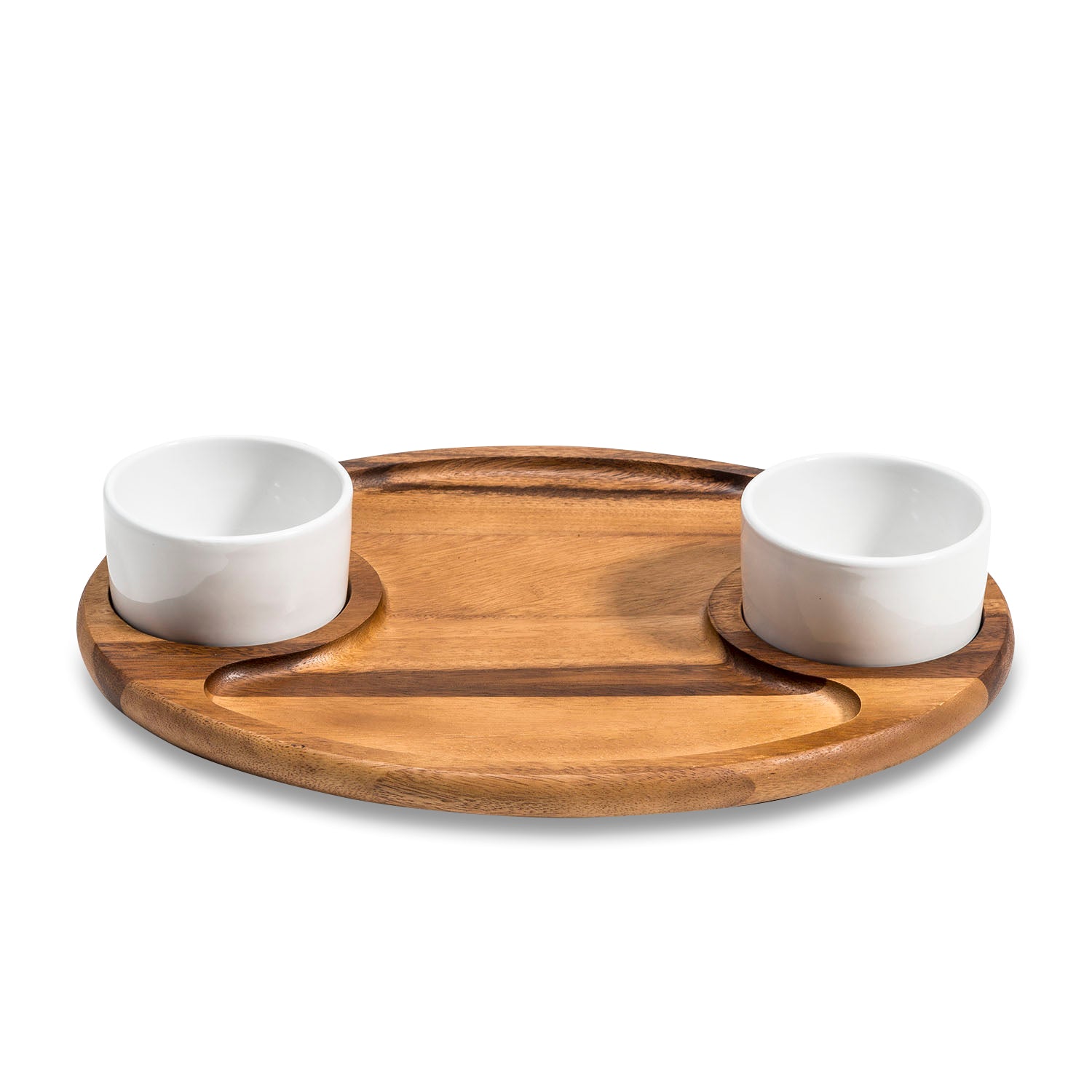 Azure Lily kitchen charcuterie serving tray with two ceramic bowls with lids, ideal for food presentation and snack display.