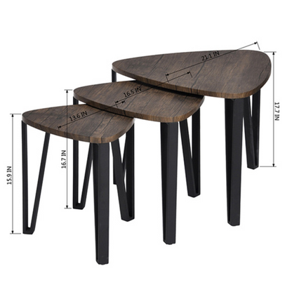 Set of three nesting triangle end coffee tables by Lilac Milo, modern furniture with sleek design and versatile stacking options.