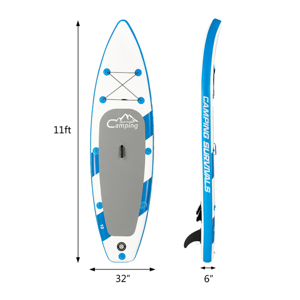 Inflatable 11-foot paddle board by Lilac Milo for surfing and water sports, shown in a vibrant outdoor setting.