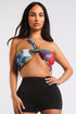 Red multiway paisley printed crop halter wrap top by Puce Juniper, featuring retro style and versatile design for Tops & Blouses.