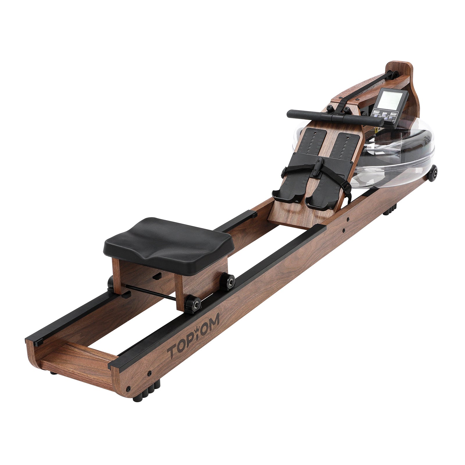 Olive Nyx Topiom rowing machine for home use with solid wood frame and TM3 monitor, showing the equipment in a home gym setting.