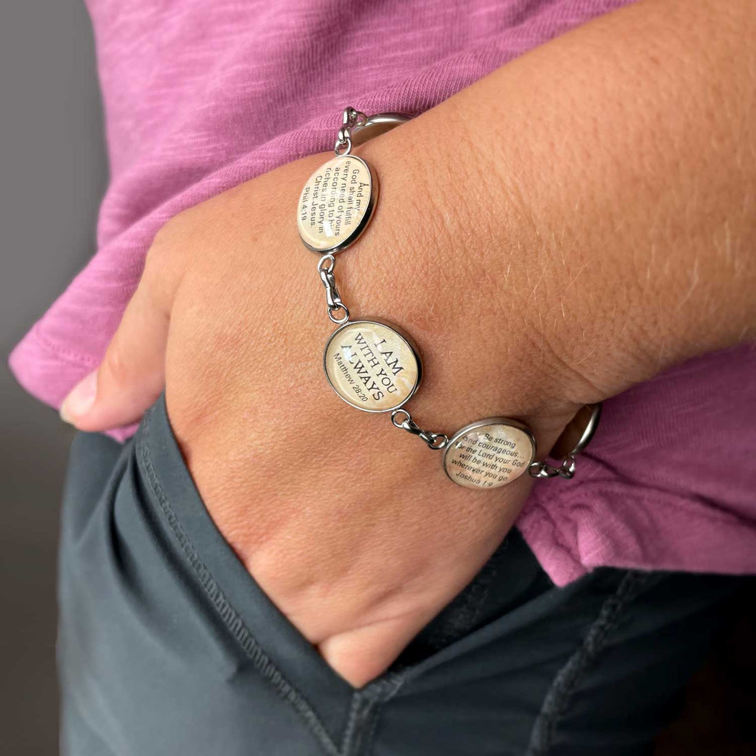 Glass bracelet featuring Philippians 4:8 scripture with inspirational message, from Orchid Briseis, with decorative beaded design.