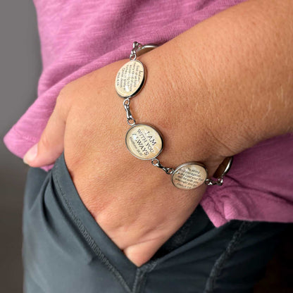 Glass bracelet featuring Philippians 4:8 scripture with inspirational message, from Orchid Briseis, with decorative beaded design.