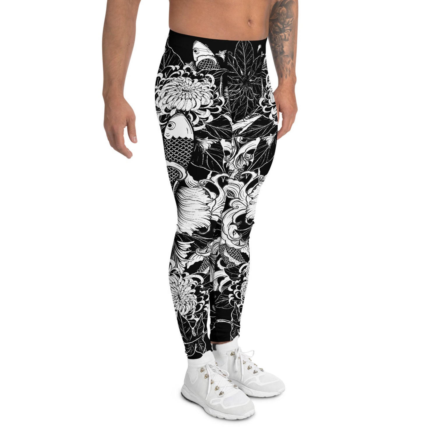Maroon Sooty Koi Fish tattoo leggings for men, featuring vibrant koi fish and traditional tattoo-style design on activewear leggings.