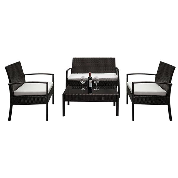 Four-piece rattan patio furniture set by Lilac Milo, includes chairs and a table with cushions for outdoor relaxation.