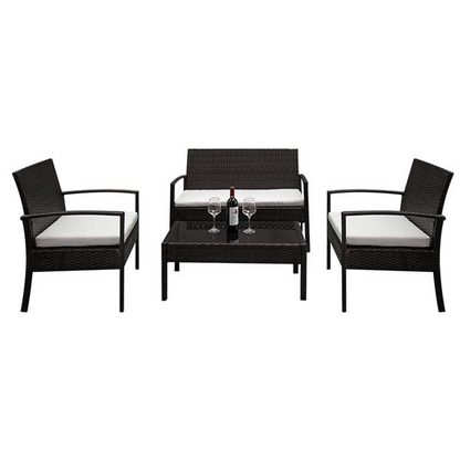Four-piece rattan patio furniture set by Lilac Milo, includes chairs and a table with cushions for outdoor relaxation.