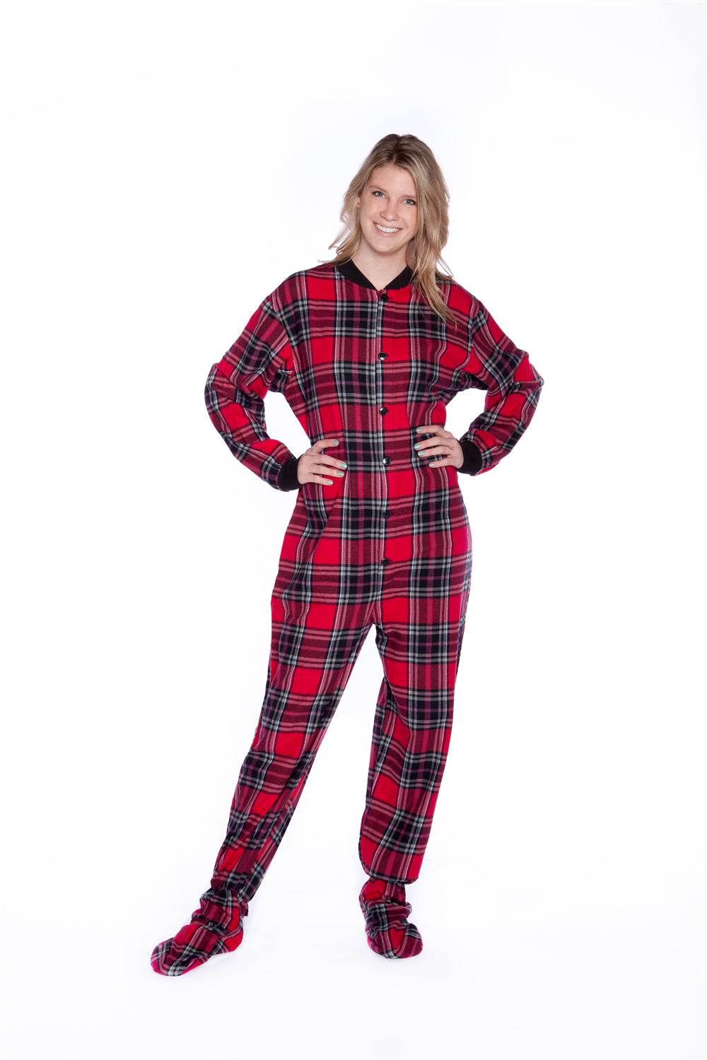 Adult footed onesie pajamas in red and black plaid, Silver Chronos men&