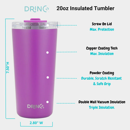 Orchid Lavender DRINCO® 20oz purple insulated tumbler with spill-proof lid and two straws, showcasing its sleek drinkware design.