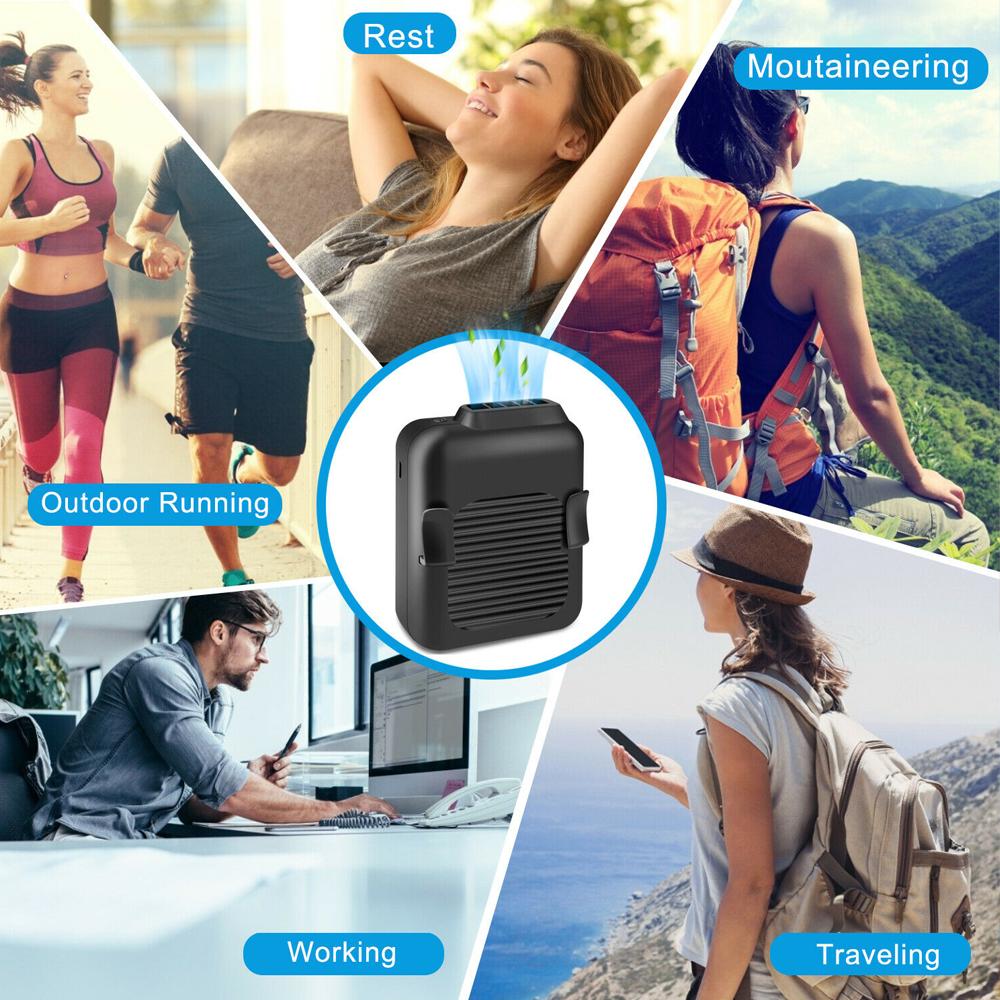 Yellow Pandora portable compact cooling fan with waist clip, handsfree design, ideal for outdoor sports and outdoor activities.