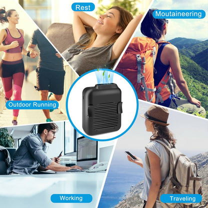 Yellow Pandora portable compact cooling fan with waist clip, handsfree design, ideal for outdoor sports and outdoor activities.