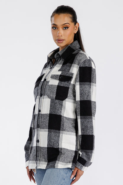 Lime Milo Boyfriend Oversized Soft Flannel Shacket in light blue and gray, casual jacket with button closure and collar.