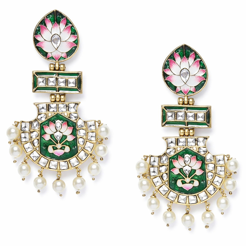Gray Chloe traditional earrings featuring intricate ethnic design with gold-tone accents and dangling elements.