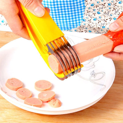 Fuchsia Molly Banana Ham Slicer in a home kitchen, showing its stainless steel blade and ergonomic handle for precise slicing.