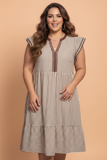 Plus size stripe maxi dress with flutter sleeves and V-neck from Byzantium Bay, featuring a flowing design and bold stripe pattern.