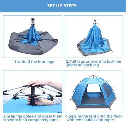 Teal Simba automatic family tent, waterproof pop-up tent ideal for camping and hiking, set up outdoors in a natural environment.