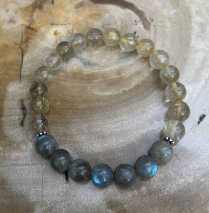 Citrine and blue flash labradorite stretch bracelet with natural gemstones, featuring vibrant orange and iridescent blue hues.