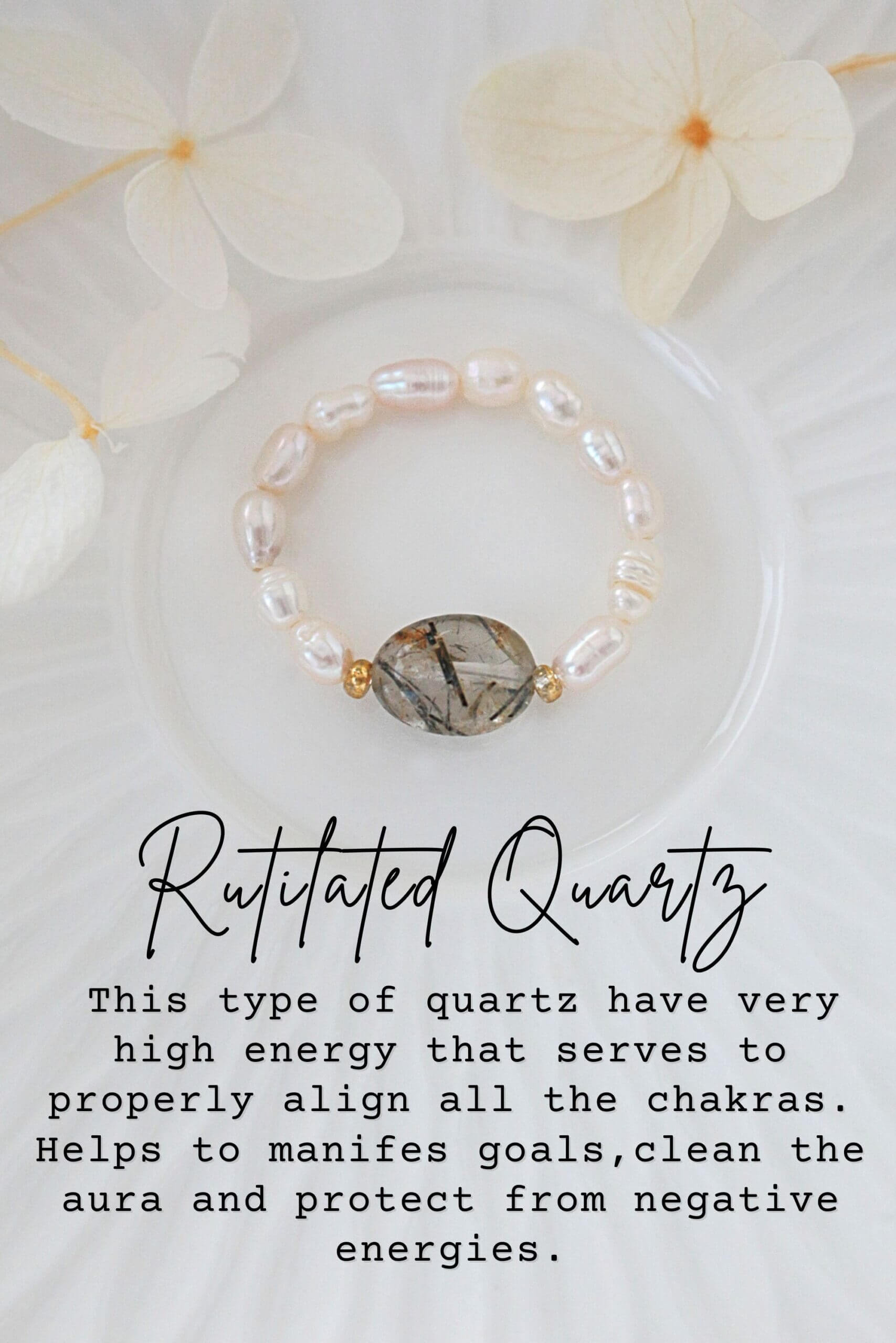 Ultramarine Birch elastic rings featuring natural crystals and freshwater pearls, showcasing elegant, handcrafted jewelry.