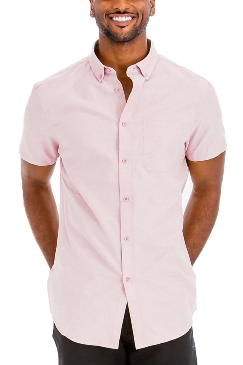 Lime Milo Signature short sleeve button-down dress shirt in lightweight fabric, shown on a hanger with a classic collar.