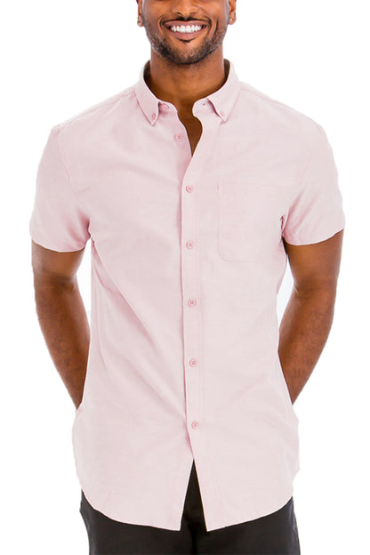 Lime Milo Signature short sleeve button-down dress shirt in lightweight fabric, shown on a hanger with a classic collar.